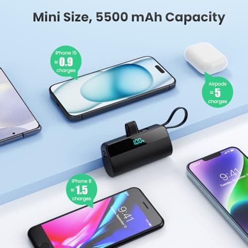Mini Portable Charger for iPhone with Built in USB C Cable, 5500mAh Small Power Bank 20W PD Fast Charging, Travel Essential Battery Pack for iPhone 17/16/15/14/13/12/11/X Series Android Galaxy(Black) 5