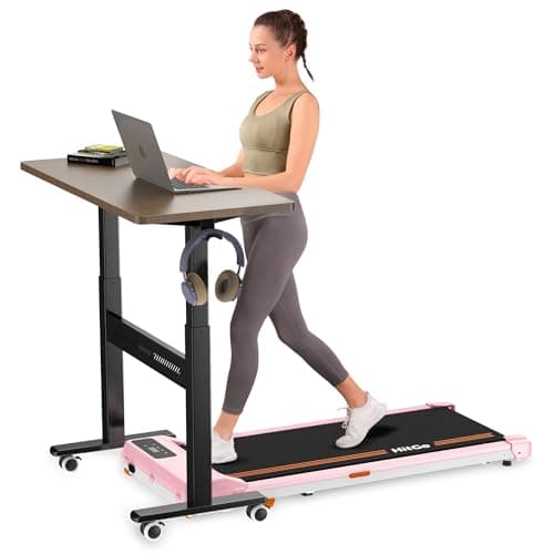 HitGo Mobile Standing Desk with Wheels, 32 inch Pneumatic Height Adjustable Desk for Walking Pad, Small Rolling Computer Workstation, Portable Sit Stand Desk for Home Office, 28-43" Tall, Mahogany