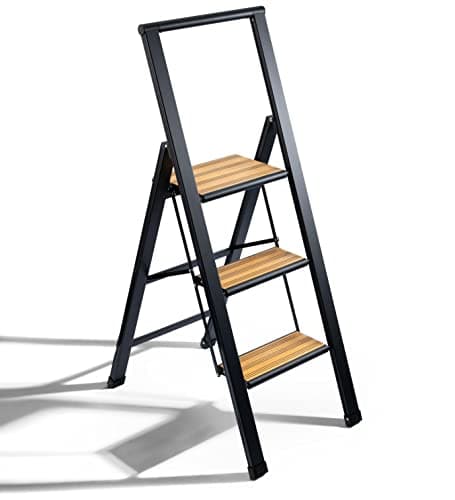 Step Ladder 3 Step Folding, Decorative - Beautiful Bamboo & Black Aluminum, Ultra Slim Profile, Anti Slip Steps, Sturdy-Portable for Home, Office, Kitchen, Photography Use,by SORFEY