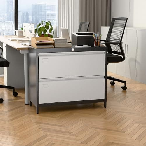 SUXXAN Metal 2 Drawer Lateral File Cabinet with Lock & Adjustable Feet - Wide Filing Cabinet for Letter/Legal/F4/A4 Hanging Files - Includes Business Card Holder,Home Office School Storage,Black/Grey 8