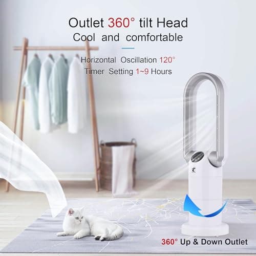 Ocean Loong Bladeless Tower Fan with HEPA Air Filter - Oscillation & Tilt Head - Quiet Cooling Fan for Bedroom Home Office 9 Speeds 9Hours Timer and Remote Control (White, 29”) 6