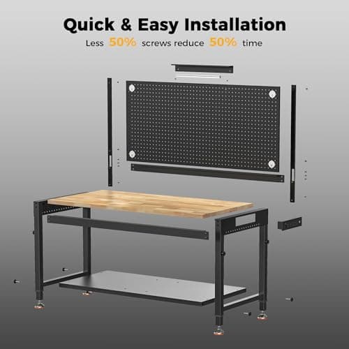 CAMMOO 48" Heavy Duty Work Bench Adjustable Height Max Load 2000 LBS with Storage Shelf for Garage Workbench, Rubberwood Tabletop with Pegboard, LED Light, Built-in Power Strip for Woodworking Shop 5