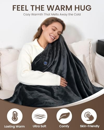 Cordless Heated Blanket with Hood, USB Battery Powered Heated Wearable Blanket with 9 Heating Zones, 20000 mAh Power Bank, 3 Levels, Portable Heated Throw Blanket, Heated Shawl (Warm Charcoal Gray) 8