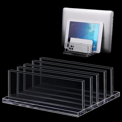 Frienda 1 Piece 4-Compartment Acrylic Vertical Laptop Stand, Can Accommodate with a Thickness of Less Than 2 cm, Fits Most Laptop (Clear)