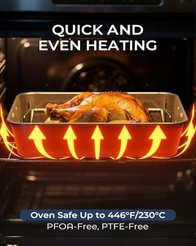 Armorbear Turkey Roasting Pan with Rack Non stick Carbon Steel Roaster 16x11 Inch, Dishwasher Safe, Deep Baking Broiler Pan for Oven Chicken, Bacon, Black 6