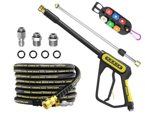POHIR Pressure Washer Gun and Hose 4500PSI Kit, 25FT Power Washing Hose Steel Braided 3/8'' Quick Connector with 40'' Extension Wand & M22-14/15mm Fitting & 7 Nozzle Tips for Cleaning