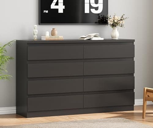 Jocoevol Modern Black 8 Drawer Dresser for Bedroom, 15.3" D x 55.2" W x 32.3" H Simply Chest of Drawers, Wood Storage Dresser with Deep Drawers for Living Room Hallway Entryway, Black