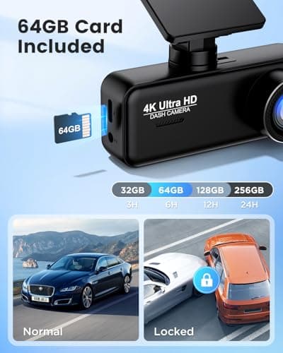 Penemay Dash Cam Front and Rear 4K+1080P with WiFi & App, Dual Car Camera, 64GB Card Included, 24/7 Parking Mode, G-Sensor, Loop Recording, 1.97" Display Screen 7