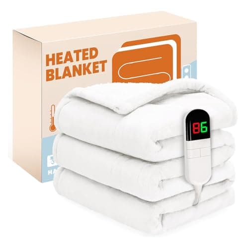 PTQ Electric Heated Blanket,Flannel & Sherpa Heated Throw Blanket 50"x60",Fast Heating Soft Fleece Blanket with 8 Heating Levels & 8H Auto Off-White