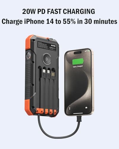 BLAVOR Solar Power Bank 20000mAh Built in 4 Cables, 20W Fast Charging Portable Charger with Wireless Charger for Apple Watch, Super Bright Flashlight, Compatible with all Phones and Electronic Devices 5