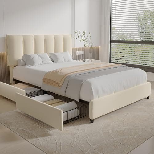 VECELO Full Size Bed Frame with 4 Storage Drawers, Adjustable Height Headboard, Heavy-Duty Platform Bedframe with Strong Wooden Slats, No Box Spring Needed, Beige