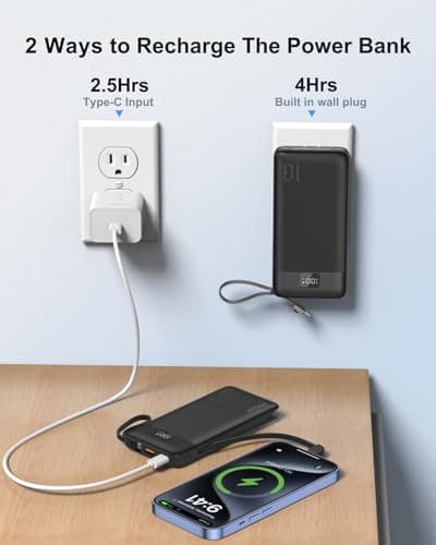 Portable Charger 10000mAh 22.5W PD 3.0+QC 4.0 Super Fast Charging Power Bank with Built-in Cables & AC Wall Plug, Slim External USB C Battery Pack for iPhone 17/16/15/14/13, Android, Samsung, iPad,etc 6