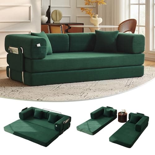 Carzzi-Life 79" Convertible Sofa Bed with Pillows, Corduroy Folding Sleeper Sofa with Fixed-Shape Frame, Boneless Couch for Living Room Bedroom, Floor Sofa Lounge No Assembly Required (Green)