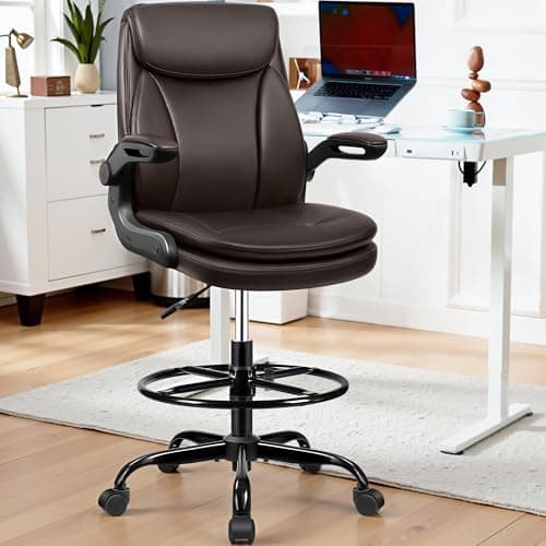 AtHope Drafting Chair Tall Office Chair Leather Executive Office Chair with Adjustable Foot Ring Flip Up Armrest - Comfy Ergonomic Desk Chairs with Lumbar Support for Office Home Studio - Brown 7