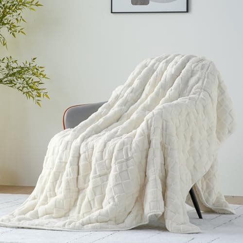 Uttermara Weighted Blankets for Adults Queen Size, 15lbs 60x80 inches Blanket with Soft Warm Plush Jacquard Sherpa, Washable Thick Heavy Throw for Sleep, Anxiety and Calming, Cream White