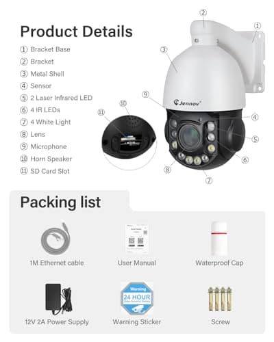 Jennov 6MP PoE IP Camera Outdoor with Pan Tilt 20X Optical Zoom, 360 Speed Dome PTZ Security Camera with 160ft IR Night Vision, Spotlights Color Night Vision, Human Detection, Onvif Compatible 8
