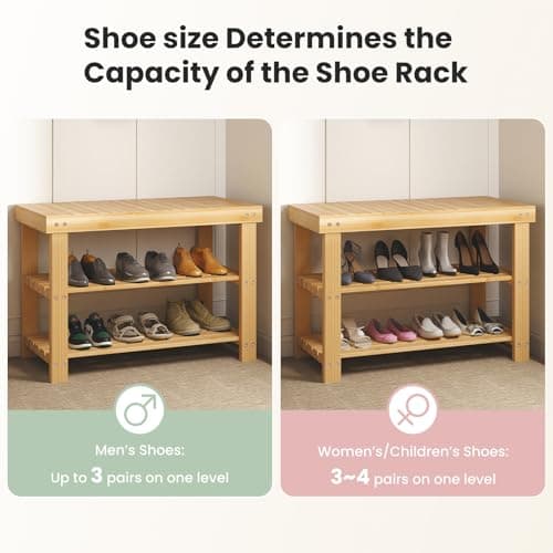 DUMOS Shoe Rack Bench with Storage, 3-Tier Bamboo Entryway Benches, Wooden Shoe Rack Holds Up to 286 lb Storage Organizer, Suitable for Bedroom Living Room Balcony, Classical Wood 7