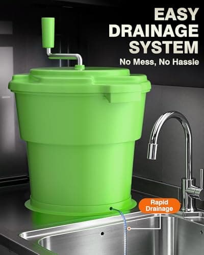WantJoin Commercial Salad Spinner - 6 Gallon Salad Dryer w/Silicone Anti-slip Mat & Draining Hose, Green, 24Qt Manual Salad Spinner for up to 7 Heads of Lettuce Spinner Large for Catering 6