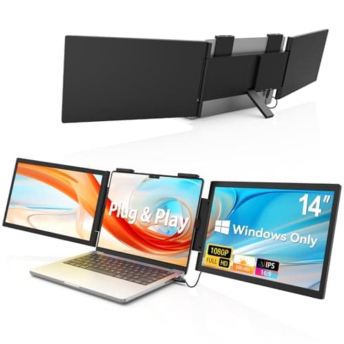 HotYeah Triple Laptop Screen Extender, (Windows Only) 14" 1080P Dual Portable Extended Monitor, USB-C Travel Dsiplay w/Kickstand, Tri Screen Monitor for 14-16" Laptop, One Cable Connection