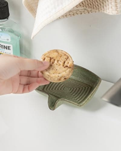 Self Draining Soap Dish, Ceramic Drain Soap Holder Waterfall Design Soap Saver for Shower, Bathroom, Sink, Kitchen and Countertop, Keeps Dry, Green 7