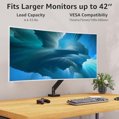 MOUNTUP Single Monitor Mount with USB Fits 49 42 40 35 34 32 27 24 inch Large Screen, Heavy Duty Monitor Arm, Monitors Stand for Desk, Holds 4.4-33 lbs, Ultrawide Monitors Arm, VESA Mount 7