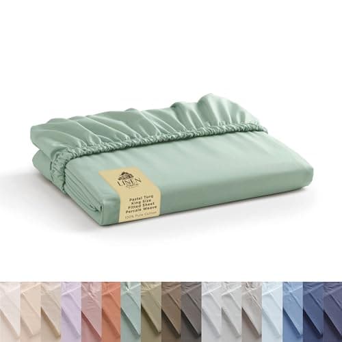 Linen Home 100% Cotton Percale Weave King Fitted Sheet, Deep Pocket, Crisp & Breathable, Long-Staple Combed Cotton, Snug Elastic Fit, Fits Up to 16", 78"X80"+15", Pastel Turk