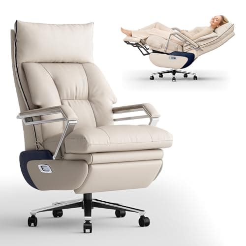 OKUP M80A Dual Motor Electric Executive Office Chair with Footrest, Comfortable Reclining Office Chair Wide Seat, Big and Tall Ergonomic Leather Home Office Desk Chair (Beige,Multi-Functionality)