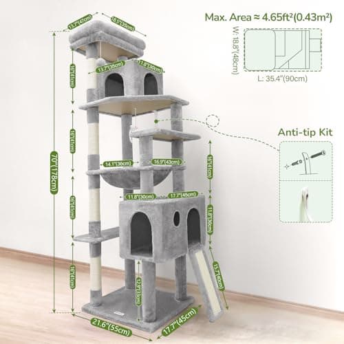 Globlazer Heavy Duty Cat Tree, 70 inch Sturdy Cat Tree for Indoor Cats Extra Large Cat Tower with Scratching Post, Hammock, Cat Condo for Adult Cats Kittens, F70 Pro, Light Grey 6