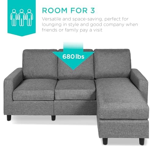 Best Choice Products Upholstered Sectional Sofa for Home, Apartment, Dorm, Bonus Room, Compact Spaces w/Chaise Lounge, 3-Seat, L-Shape Design, Reversible Ottoman Bench, 680lb Capacity - Gray 7
