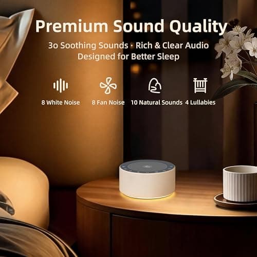 Kipcush White Noise Machine with Night Light – Nursery Sound Machine with Soft Non-Glare Lamp, 30 Soothing Sounds, 8 Color Lights, Up to 8-Hour Timer for Baby & Adults 6
