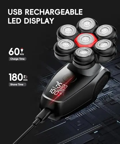 Head Shaver for Bald Men - IPX8 Waterproof Electric Razor for Wet/Dry Use with LED Display, USB-C Fast Charge & 5 Attachments Deep Black 5