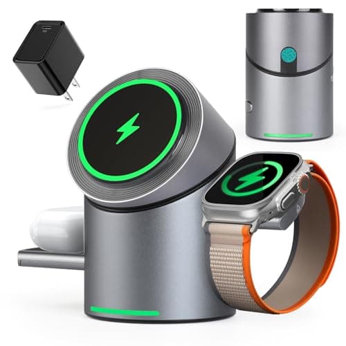 MOYiEAKAN 3 in 1 Auto Rotation Wireless Charging Station for Apple Devices, Mag-Safe Wireless Charging Stand, Qi2 15W Charging Station for iPhone 16, 15, 14, 13, 12 Series& AirPods& iWatch
