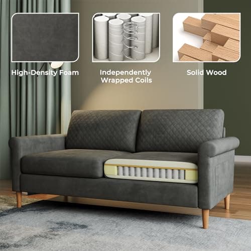Vesgantti 65'' Loveseat Sofa Couch for Living Room, Modern Sofa,Small Couches for Small Spaces,Upholstered 2-Seater Love Seats Couch for Bedroom, Apartment, Home Office, Tool-Free Assembly,Grey 01 5