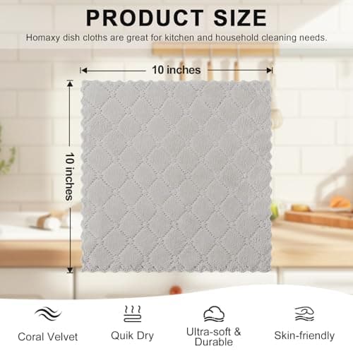 Homaxy 12 Pack Kitchen Dish Cloths (10 x 10 Inches, Grey), Super Soft and Absorbent Coral Velvet Dish Towels, Nonstick Oil Fast Drying Microfiber Cleaning Cloth, No Lint Household Dishcloths 6