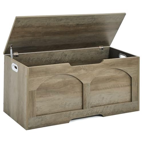 oakvivo Storage Chest, 31.5" Retro Wooden Storage Bench, Entryway Storage Trunk, Supports 330 lb, Upgraded Safety Lift Support Hinge, Entryway Bench, U-Shaped Opening for Entryway Living Room, Greige