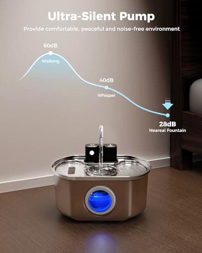 Cat Water Fountain Stainless Steel - Wireless 3.2 L/108 oz Battery Operated Automatic Pet Drinking Fountain for Cats - Cordless Water Dispenser with 4000 mAh Rechargeable Battery (1 Filter) 8