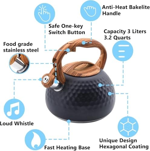 Foedo Tea Kettle Stovetop, 3.2 Qt Stainless Steel Whistling Kettle for Stove Top, Food Grade Teapot with Wood Pattern Handle for Coffee, Milk etc, Gas Electric Applicable (Black) 3