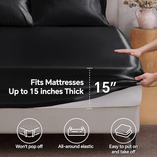 BEDELITE Satin Fitted Sheet Queen Size with Elastic Corner Straps, Luxury Soft Silk-Like Bed Sheet for Hair & Skin, 1 Deep Pocket Fitted Sheet Only Fits 15" Mattress, Fade & Wrinkle Resistant, Black 5