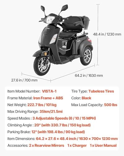 VEVOR Heavy Duty 3-Wheel Mobility Scooters for Seniors & Adults, 500lbs Capacity, 21.5 Miles 3-Speed Long Range, 1000W All Terrain Electric Recreational Scooter Wheelchair, 20° Max Climbing Capacity 7