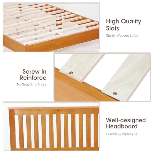 PayLessHere Wood Bed Frame Queen Size Solid Wood Platform Bed Frame with Headboard Wood Slats Support No Box Spring Needed Easy Assembly,Brown 6
