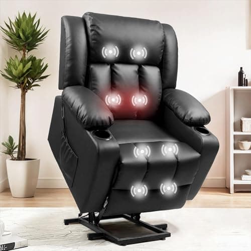 FLEXISPOT XL31 Power Lift Recliner Chair for Elderly, Electric Lift Chair with Massage & Heat, PU Leather Reclining Sofa w/Cup Holders, Side Pockets for Living Room Bedroom(Medium Size,Black)