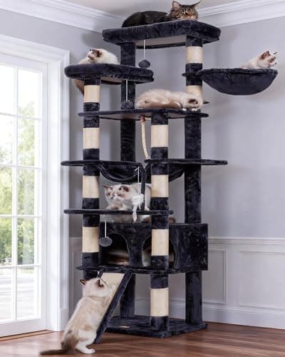 Heybly Tall Cat Tree, 78-inch Multi-Level Cat Tower for Indoor Cats, 2 Widened Plush Perches Cat Condo with Scratching Board and Big Caves, Smoky Gray HCT033G 9