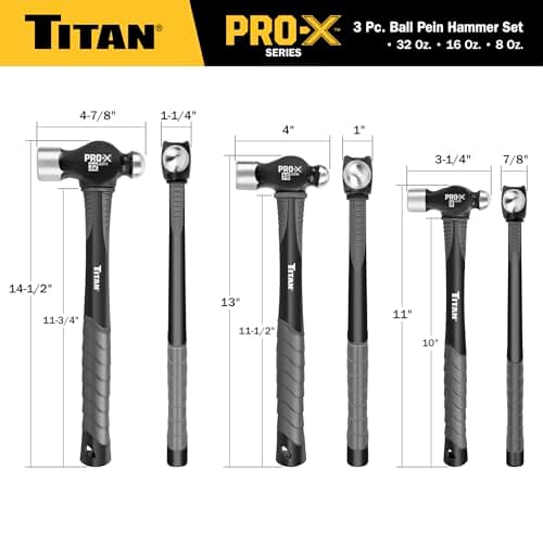 Titan Pro-X 63706 3-Piece Ball Pein Hammer Set, Includes 8oz, 16oz & 32oz Ball Peen, Overstrike Protection, Forged Steel Heads, Shock Absorbing Fiberglass Handles & Textured Grips 5