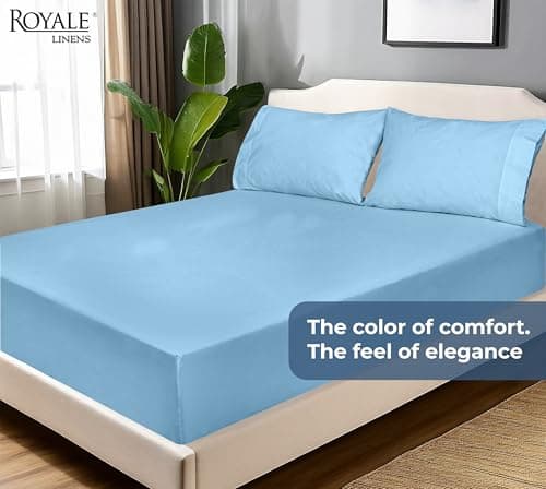 Royale Linens 100% Organic Cotton Fitted Sheet - Percale Weave - Super Soft Deep Pocket Bottom Sheets - Lake Blue Elastic Sheet Queen Size - Queen Fitted Sheets Only - (60"x80"+15", Lake Blue) 9