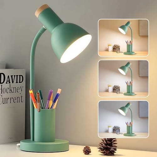 DSYHYL LED Desk Lamp for Home Office, Table Lamp with Pen Holder, 3 Color Modes Reading Light, Eye-Caring Desk Light with Gooseneck, Metal Study Lamp for Dorm Bedside Bedroom (Green Lamp)
