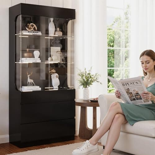 MEISSALIVVE Display Cabinet with Glass Doors, 3-Tier Display Case with 2 Drawers, 70.87''H Curio Cabinet with 7 Color Led Lights for Collectibles, High Gloss, Black 7