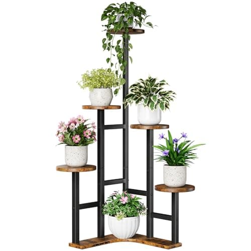 Yzosvki Corner Plant Stand Indoor, 6 Tiered Corner Plant Shelf Flower Stand for Multiple Plants, Plant Shelves Organizer Rack for Living Room, Balcony, Patio, Garden, Round Rustic Brown