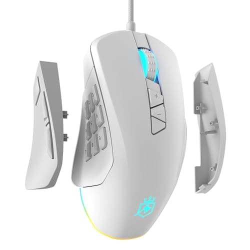 ROYALAXE Wired Gaming Mouse with Side Plates, MMO Mouse with 14 Programmable Buttons, Ergonomic Gaming Mouse with 2 Grip Plates, Computer Mouse with Max 12,400 DPI, RGB Lighting, White