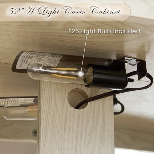 52" Lighted Accent Curio Cabinet, 3-Tier Antique Storage Cabinet with Tempered Glass Adjustable Shelves & Drawer, Acrylic Panel, Light Blub Included, China Display Case for Living Room (Antique White) 5