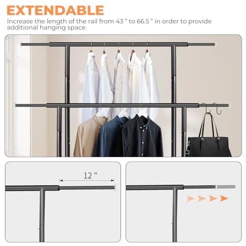 Fishat Stand Portable Black Double Rods Garment Rack with Rolling Clothes Organizer on Lockable Wheels Mobile, 48" W x 15" D x 67" H, Metal Simple Hanging Clothes with 2 Hook 4